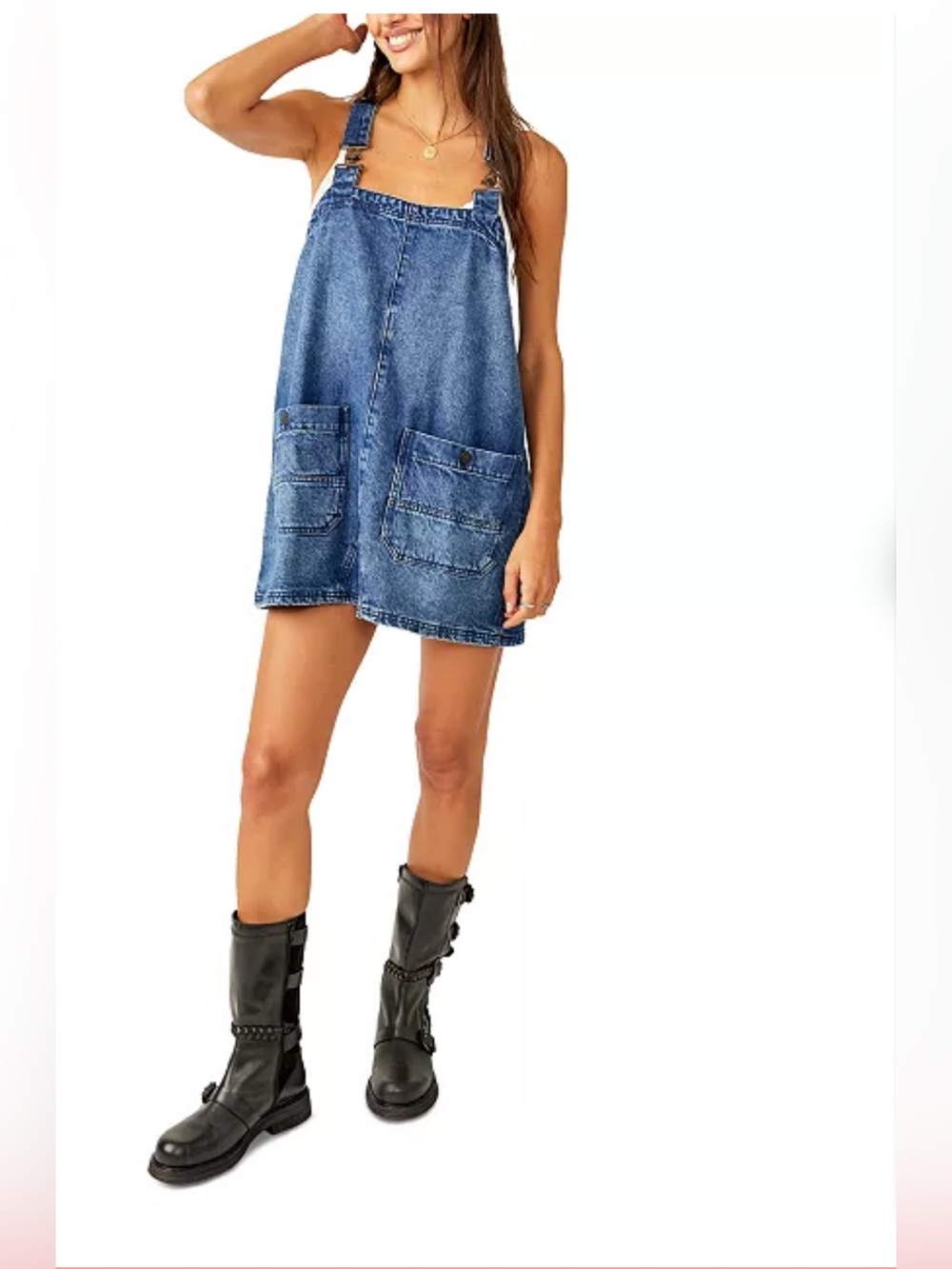 Free People Overall Smock Mini Dress Med Boho Lagenlook Denim Festival Country
